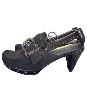 Stuart Weitzman Black Suede Heels Studded Mules W/ Silver Buckle 6.5M US